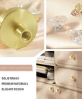 Four Pack Glass Cabinet Knobs And Pulls With Oval Champagne Crystal Knobs On Satin Brass Brushed Gold Base installed on a dresser