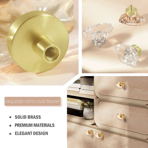 Four Pack Glass Cabinet Knobs And Pulls With Oval Champagne Crystal Knobs On Satin Brass Brushed Gold Base installed on a dresser