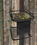 Lightweight 16X12 Inch Tree Stand Seat Replacement with Pocket and Adjustable Straps installed on a tree, showcasing mesh and camo.