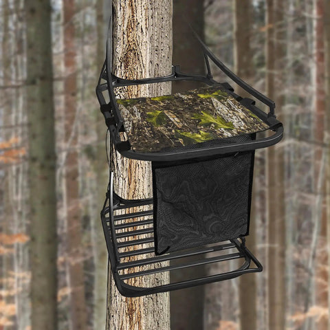 Lightweight 16X12 Inch Tree Stand Seat Replacement with Pocket and Adjustable Straps installed on a tree, showcasing mesh and camo.