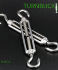 Two M6 hook turnbuckles made of 304 stainless steel for cable railing and wire rope tensioning, adjustable 5.9 to 8.42 inches