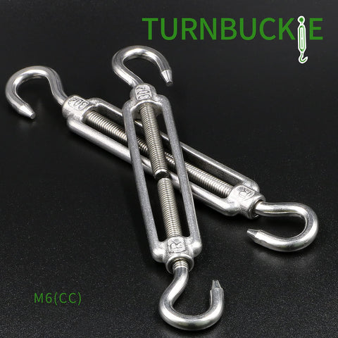 Two M6 hook turnbuckles made of 304 stainless steel for cable railing and wire rope tensioning, adjustable 5.9 to 8.42 inches