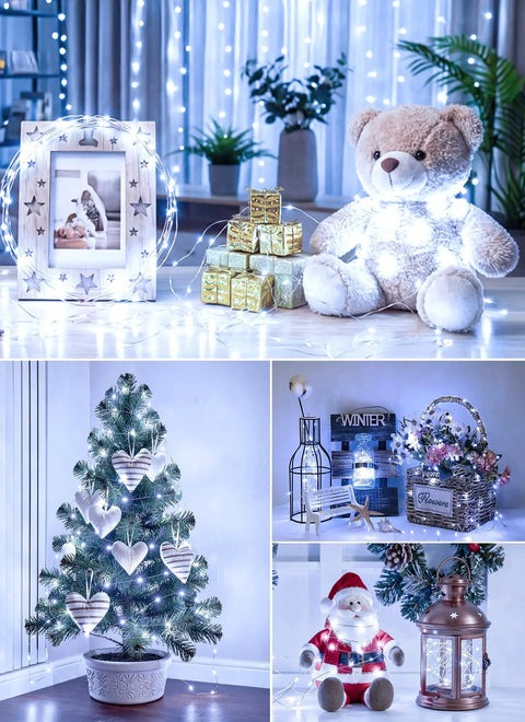 USB Fairy Lights 66 Feet With 200 LEDs Remote Control And Timer Waterproof 8 Modes For Indoor Outdoor Decor Bedroom Wreath DIY Party Wedding Christmas Holiday Pure White displayed on teddy bear, Christmas tree, and lantern.