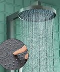 Eight Inch Wide Rainfall Shower System With Three Way Wall Mounted Mixer And Adjustable Handheld Sprayer providing huge heavy flow coverage in a gun grey rain shower head.