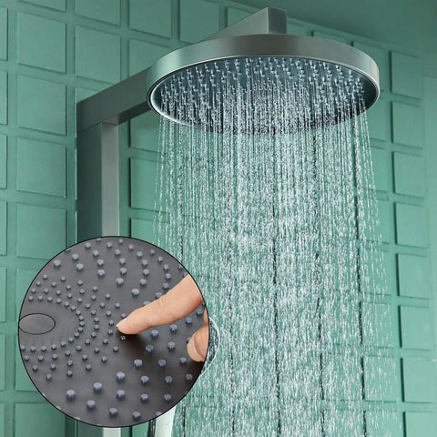 Top Tier Eight Inch Wall Mounted Rain Shower Faucet Set Gun Grey Finish Three Way Mixer Valve with rainfall disc and water flow.