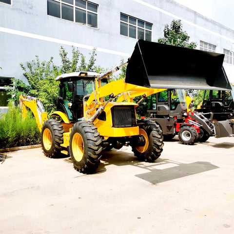 Towable Mini Digger For Demolition Tasks And Farm Projects, yellow excavator with front loader, parked outdoors, ready for use.