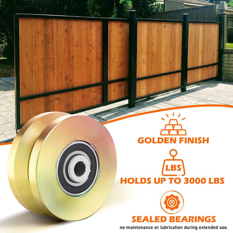 4-inch heavy-duty V-groove gate wheel with double bearings, gold finish for inverted V-tracks, 3000 lb capacity