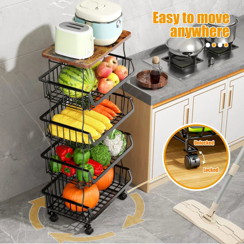Five Tier Stackable Fruit And Veggie Storage Baskets With Wheels, Metal Wire Organizer in kitchen with fruits and wood top