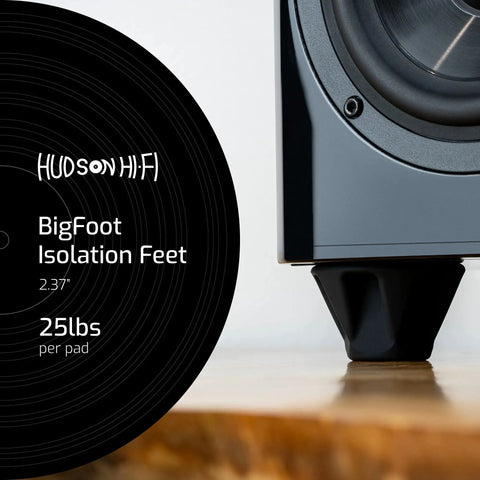 Close-up of a speaker on a wooden surface with an isolation foot, Speaker Isolation Feet 8 Pack 1.5 Inch Rubber Pads Non-Adhesive Anti-Vibration Bumpers For Turntables Subwoofers And Amplifiers 50 Duro Non-Skid Audio Stabilizers For Cleaner More Defined Sound.