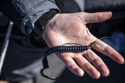 Hand holding Plum Power Worm Soft Plastic Fishing Bait With Irresistible PowerBait Formula And Classic Curly Tail Profile, 10 Inch