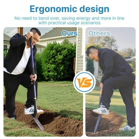 Comparison of Heavy Duty 4 Inch Trench Shovel with Blue Fiberglass Handle to a standard shovel in garden trenching.
