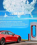 NACS To CCS Electric Vehicle Charging Adapter Compatible With Tesla Superchargers at a charging station with map background.
