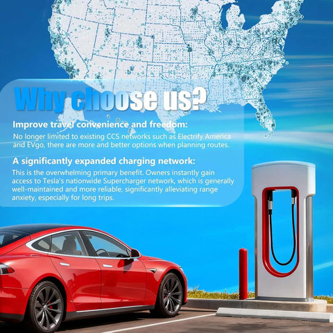 NACS To CCS Electric Vehicle Charging Adapter Compatible With Tesla Superchargers at a charging station with map background.