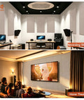 Oversized Self Adhesive Acoustic Wall Panels Made From Dense Polyester Fiber For Quiet Room Treatment And Bass Absorption Suitable For Home Studios Or Living Areas Delivers Premium Camel Color Paired With Quick Peel Stick Two Pack That Truly Slaps, showcased in a recording studio and home theater.