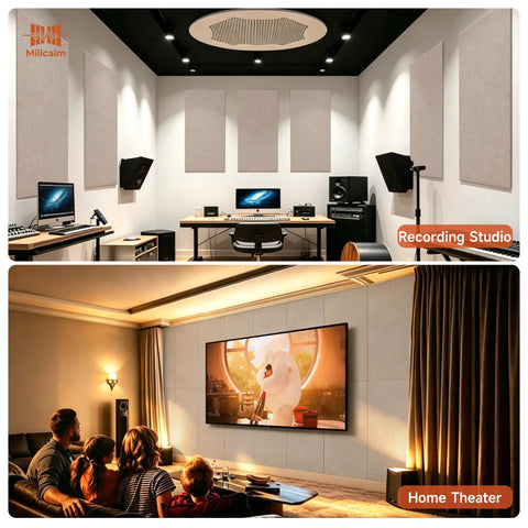 Oversized Self Adhesive Acoustic Wall Panels Made From Dense Polyester Fiber For Quiet Room Treatment And Bass Absorption Suitable For Home Studios Or Living Areas Delivers Premium Camel Color Paired With Quick Peel Stick Two Pack That Truly Slaps, showcased in a recording studio and home theater.