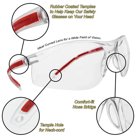 All Day Comfort Clear Safety Glasses With SuperLite Lens Technology And SuperClear Optics with curved lens and red rubber accents