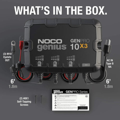 GenPro 10X3 3-Bank Marine Battery Charger - 30A Total, 12V Waterproof Onboard Boat Charger contents in box