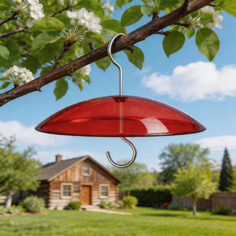 8 Inch Weather Guard Dome For Bird Feeder Red Protective Cover Shields Rain Snow Sun 20cm Diameter Fits Smaller Feeders With Stainless Hook Durable All Weather Bird Feeder Accessory on branch