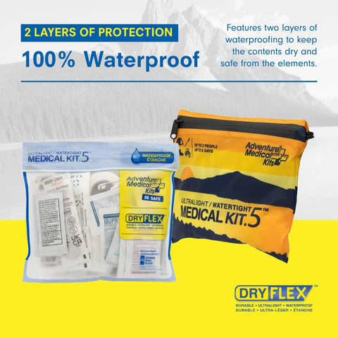 Front view of Adventure Medical Kits Ultralight/Watertight Medical Kit .5; yellow waterproof pouch and clear contents bag.