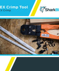 3/8 Inch To 2 Inch PEX Crimp Tool Multi-Head Kit With Orange Handles on wooden surface, includes tubes and fittings, Model 23100