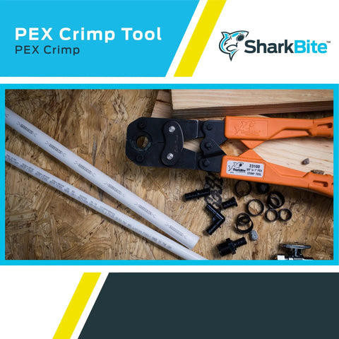 3/8 Inch To 2 Inch PEX Crimp Tool Multi-Head Kit With Orange Handles on wooden surface, includes tubes and fittings, Model 23100