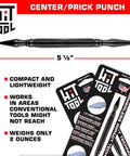 2 In 1 Spring Loaded Center Punch And Prick Punch For Metal And Wood, showing 5 1/2-inch tool with packaging details, compact and lightweight.