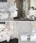 Double Toilet Paper Holder With Shelf And Phone Storage, Wall Mount, Self Adhesive Roll Dispenser in shower and bathroom setup