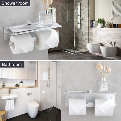 Double Toilet Paper Holder With Shelf And Phone Storage, Wall Mount, Self Adhesive Roll Dispenser in shower and bathroom setup