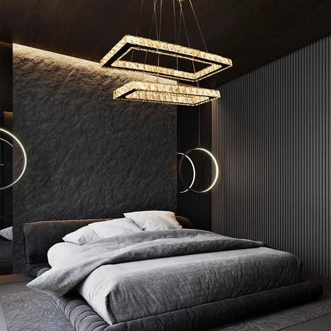 Two Ring Crystal Chandelier LED Ceiling Light In Stainless Steel, Modern Pendant Fixture for Bedroom, Warm White