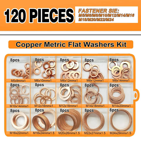 Crush Flat Copper Washers Set With 120 Pieces In 15 Metric Sizes M5 to M24 in labeled case for oil plugs and plumbing