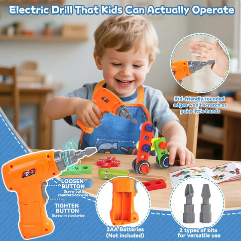 Child using Kids Tool Set With Real Drill For Little Builders, Educational Montessori STEM Toys, wooden pieces on table.