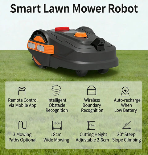 Hands-Free Smart Robotic Lawn Mower For Effortless Yard Care Without Boundary Cables On 300 Sq M displayed with feature icons