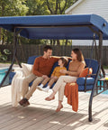 Family enjoying a Three Seat Outdoor Porch Swing With Adjustable Canopy And Stand 2 In 1 Patio Swing Bed For Adults Up To 800 Lbs by poolside.