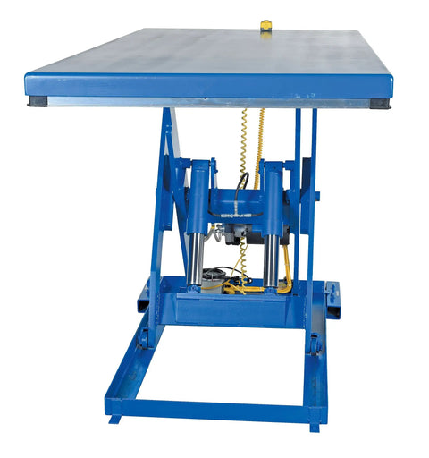 Heavy Duty Electric Hydraulic Lift Table With Four Sided Toe Guards 48 By 96 Inch Steel Deck 4000 Lb Capacity Smooth Operator Built Like A Tank Rock Solid Workshop Warrior Blue, front view showing hydraulic mechanism.