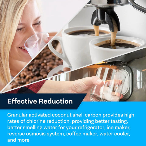Nsf Certified Coconut Shell Carbon Inline Water Filter With 3/8 Inch Quick Connect Fittings seen in use with coffee and ice water preparation.