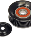 Front view of Dorman 419-711 drive belt idler pulley with cap; black pulley with orange bearing