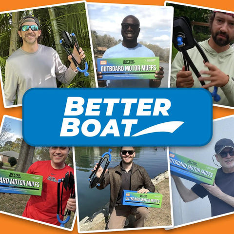 Collage of users holding Dual Flow Water Muffs For Outboard Motors, Dockside Ready Double Sided Engine Flush Kit