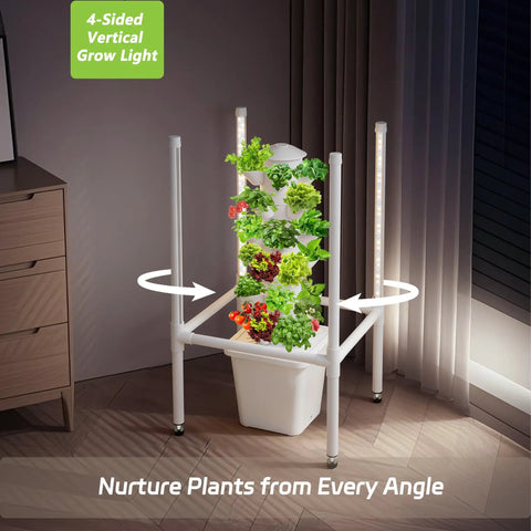 Dope Indoor Hydroponic Garden Tower With 30 Pods 48W LED Grow Light showing white finish and vertical plant growth