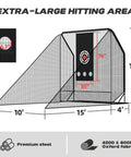 Diagram of 10x10 Golf Hitting Net With Side Barriers And Ball Return System For Indoor Practice, showing dimensions and materials.