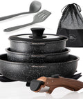 Removable Handle Induction Pots And Pans Set 10 Piece Nonstick Cookware Black Granite Stackable RV Camp Kitchen Essentials