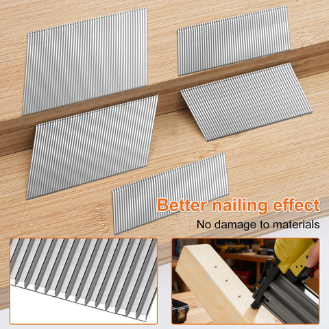 All In One 16 Gauge Finish Nails Kit With Twenty Degree Angled Galvanized 2000 Count Five Sizes From Two And A Half Inches To One And A Quarter Inches 400 Nails Each For Pneumatic And Electric Finish Nailer showcased on wood surface