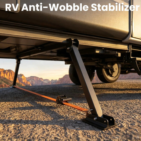 Heavy Duty Aluminum RV Anti-Wobble Stabilizer with Ratchet Tension under travel trailer showcasing lateral support