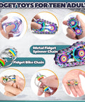 8 Piece Fidget Toy Set For Adults And Teens, featuring a metal bike chain roller spinner, stainless steel spiky sensory rings.