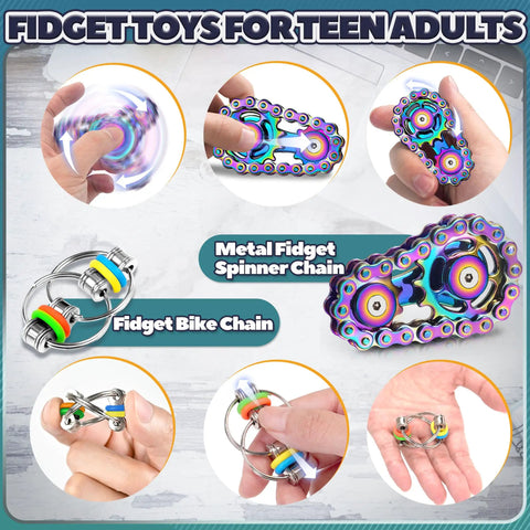 8 Piece Fidget Toy Set For Adults And Teens, featuring a metal bike chain roller spinner, stainless steel spiky sensory rings.