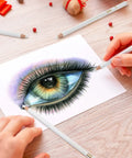Artist sketching eye with White Charcoal Pencils Set, 5 Piece For Dark Paper Sketching And Shading, Blending, White Chalk Pencils
