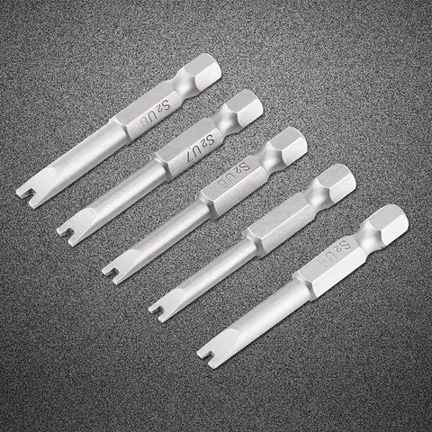 Heavy Duty 5 Piece U Shape Screwdriver Bit Set Loaded With 1/4 Inch Hex Shank Magnetized S2 Steel Spanner Bits for U4 U5 U6 U7 U8 Screws, silver metal bits