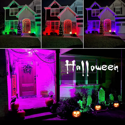 Solar Color Changing RGB Landscape Spotlights 7 Modes IP67 Waterproof Outdoor Lighting illuminating house in Halloween theme