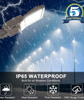 LED Parking Lot Light With Photocell, 19000 Lumens Shoebox Pole Fixture in storm, IP65 waterproof, warranty badge visible
