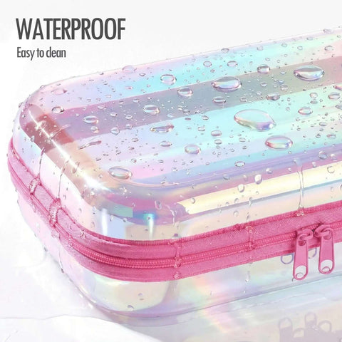 Kickass Clear Hard Shell Zipper Cases 2 Pack Iridescent Finish with waterproof surface and pink zipper, ideal for toiletries and electronics.