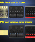 Six Gang Rocker Switch Panel With Red Backlit 12V 24V LED Voltmeter and universal switch stickers displayed and labeled